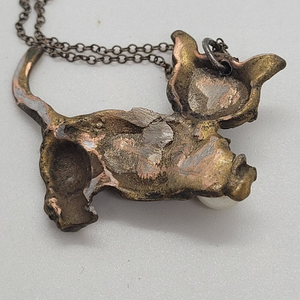 Vintage Whimsical Cat Pearl Rhinestone Pendant Necklace - Picture 3 of 12